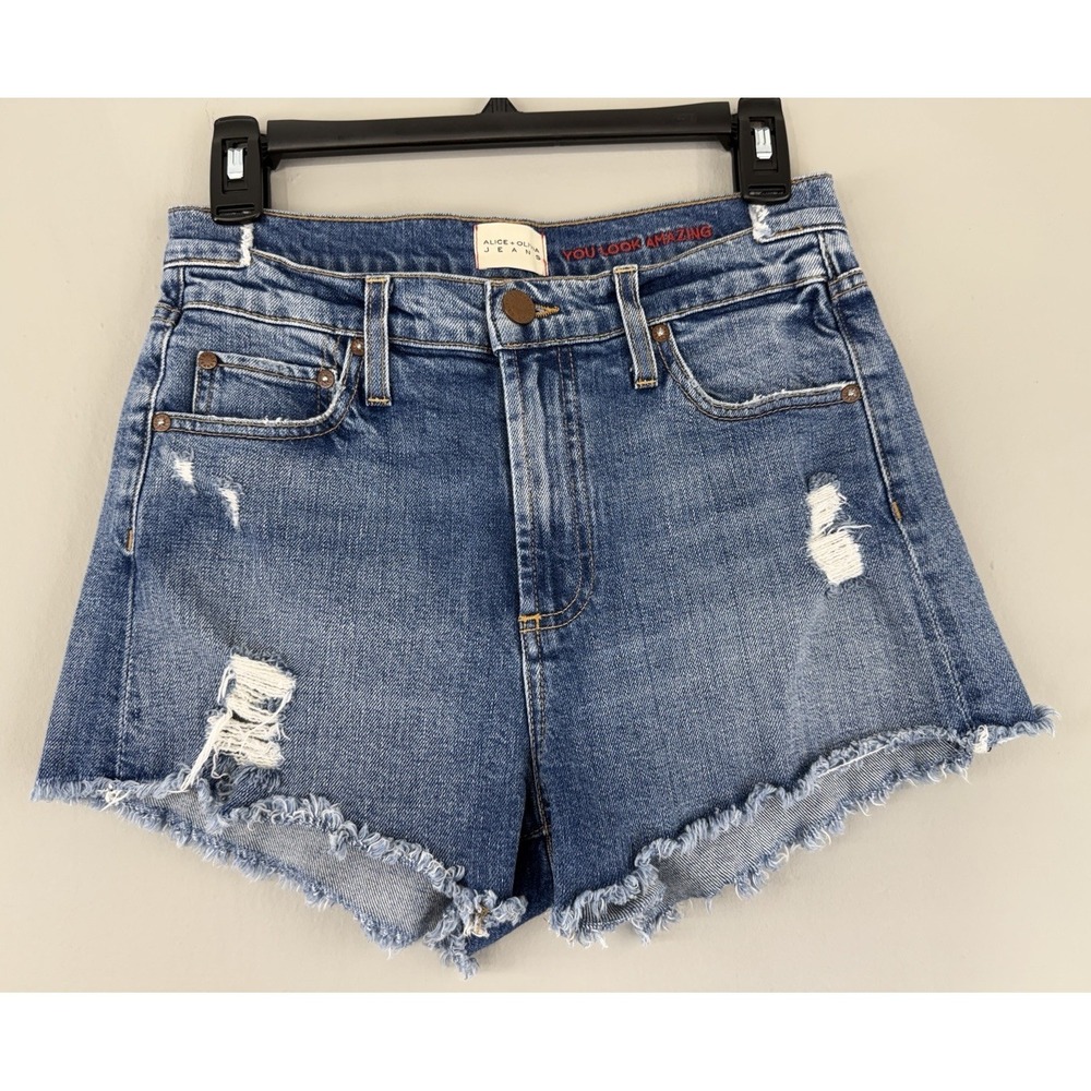 Alice + Olivia Sz 27 Amazing Double Waistband Short Distressed Denim Cutoff